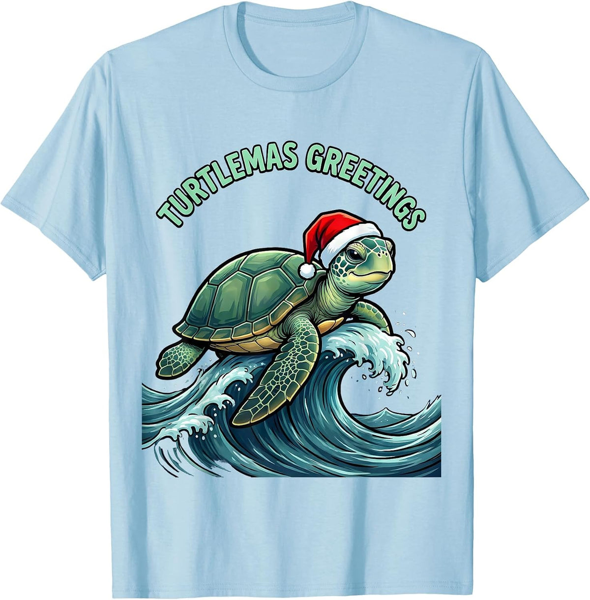 Men's Turtlemas Greetings Cartoon Sea Turtle Santa Hat Holiday T-Shirt - Baby Blue