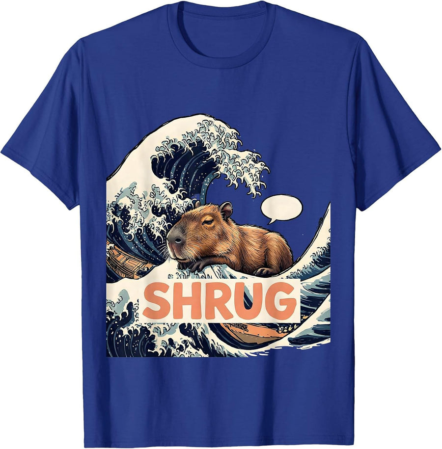 Shrug Funny Capybara Japanese Kanagawa Wave Animal Parody T-Shirt - Royal Blue