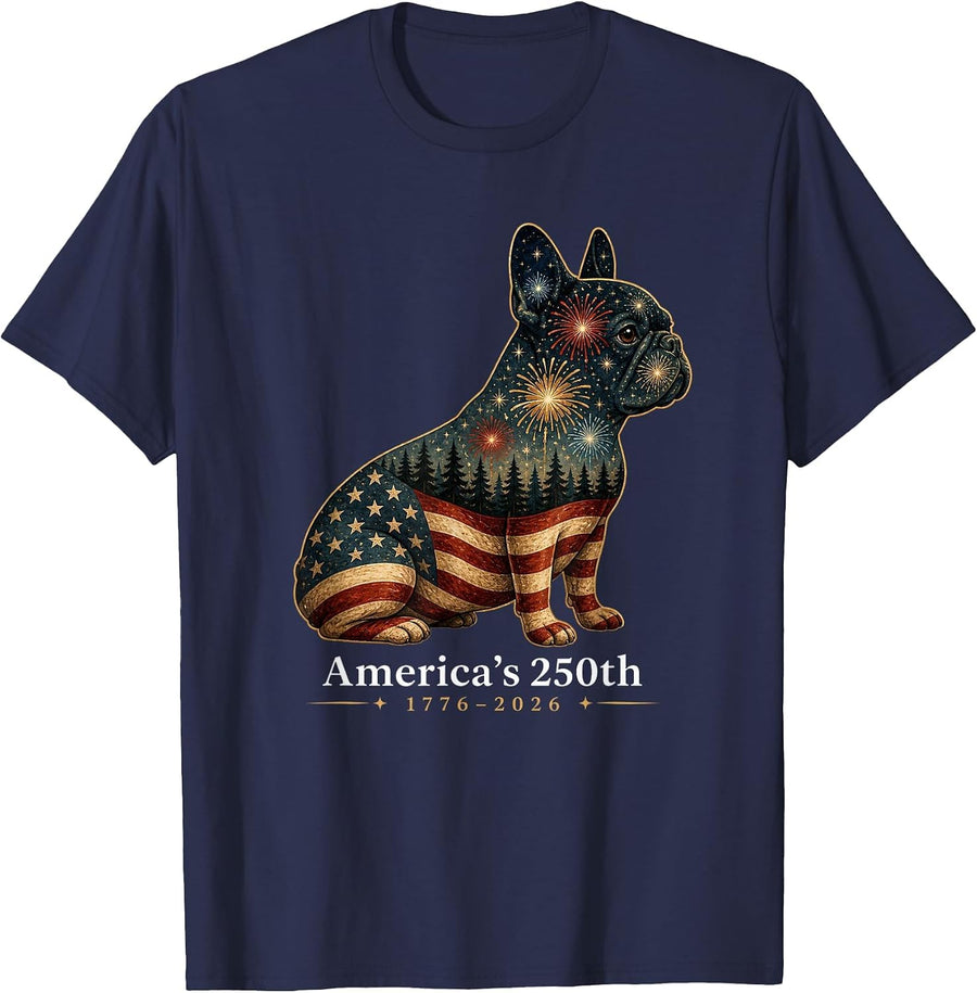 French Bulldog America's 250th Patriotic Dog Fireworks T-Shirt - Navy Blue