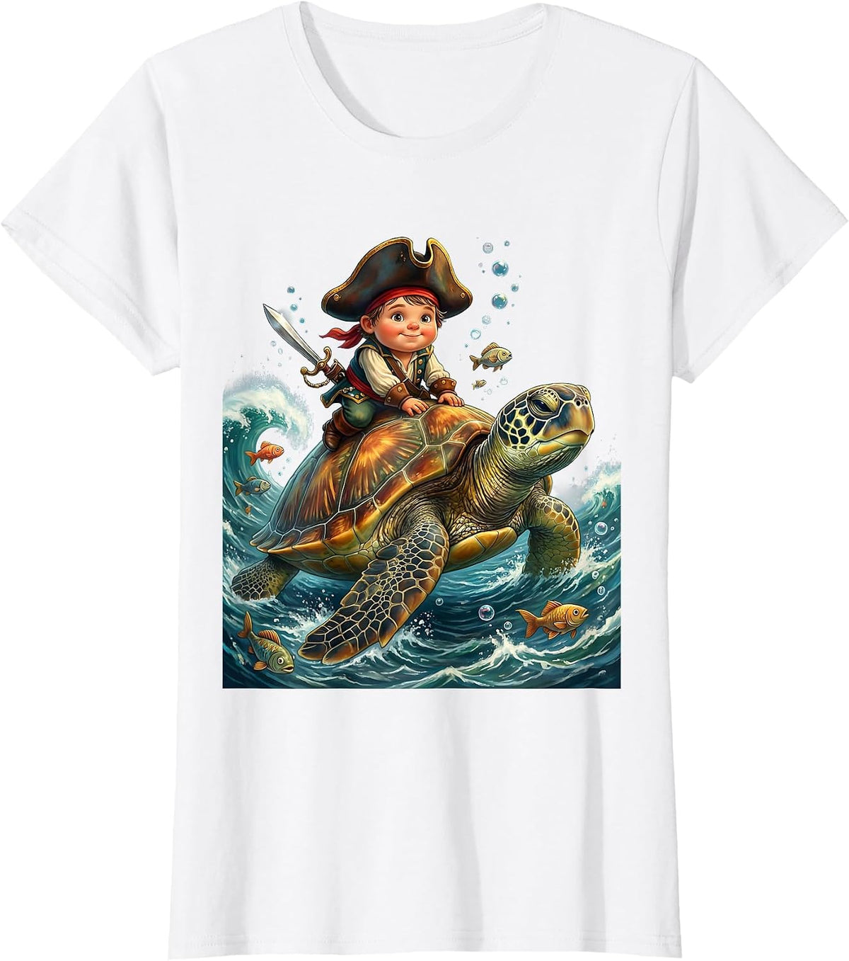 Tiny Pirate Riding a Giant Sea Turtle Kids Tee T-Shirt - White