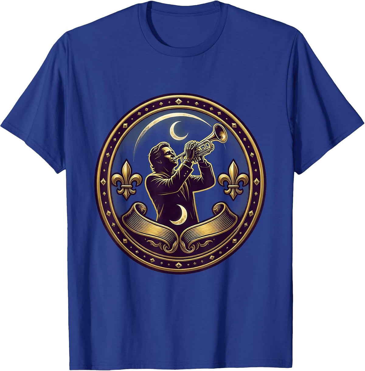 Mardi Gras Jazz Musician Silhouette Crescent Moon T-Shirt - Royal Blue