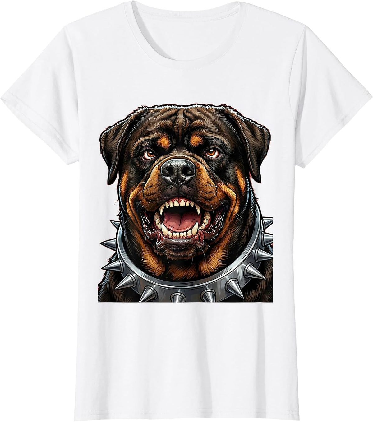 Growling Rottweiler Spiked Collar Graphic Design T-Shirt - White