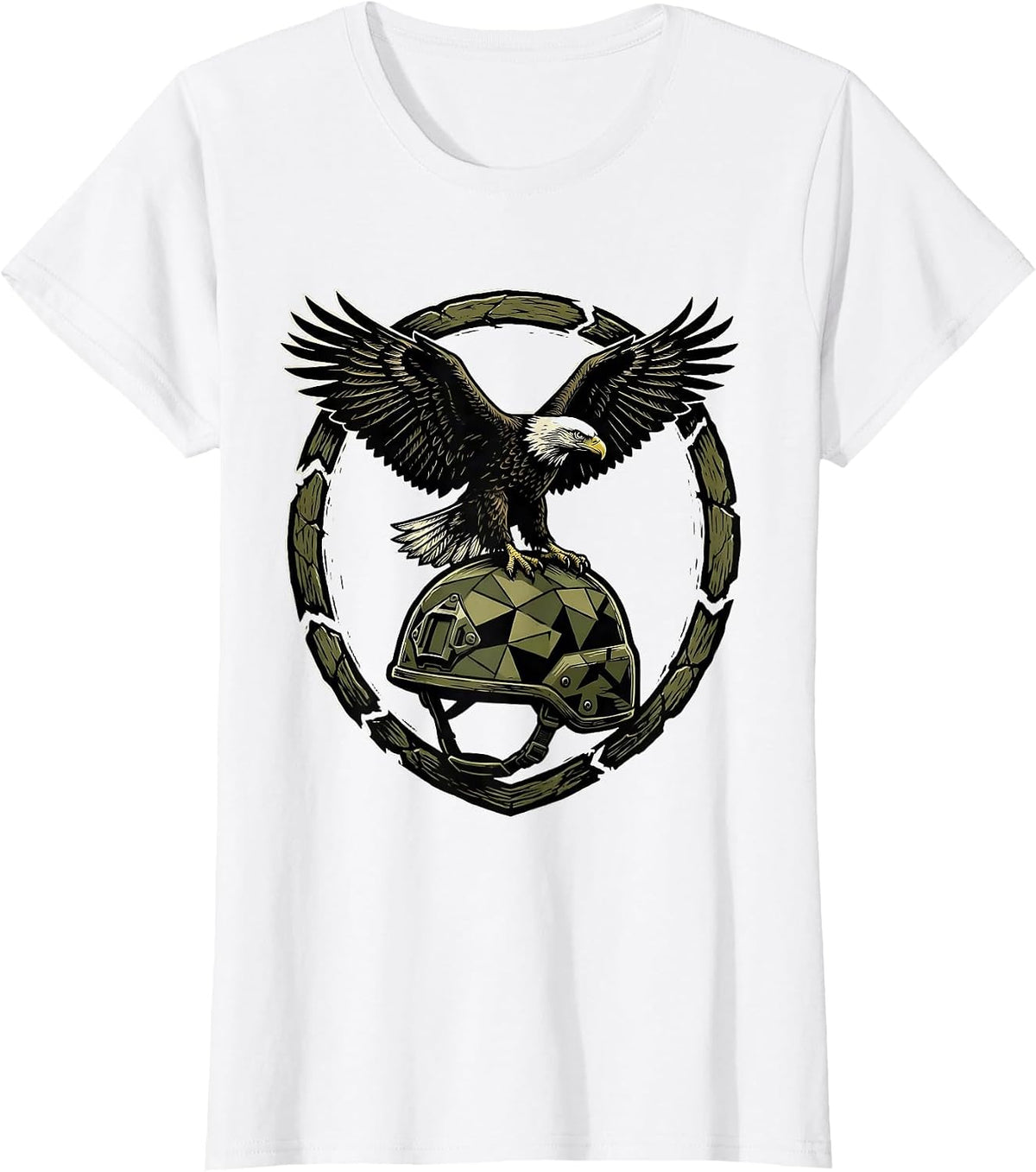 Eagle on Camo Helmet Patriotic Graphic T-Shirt - White