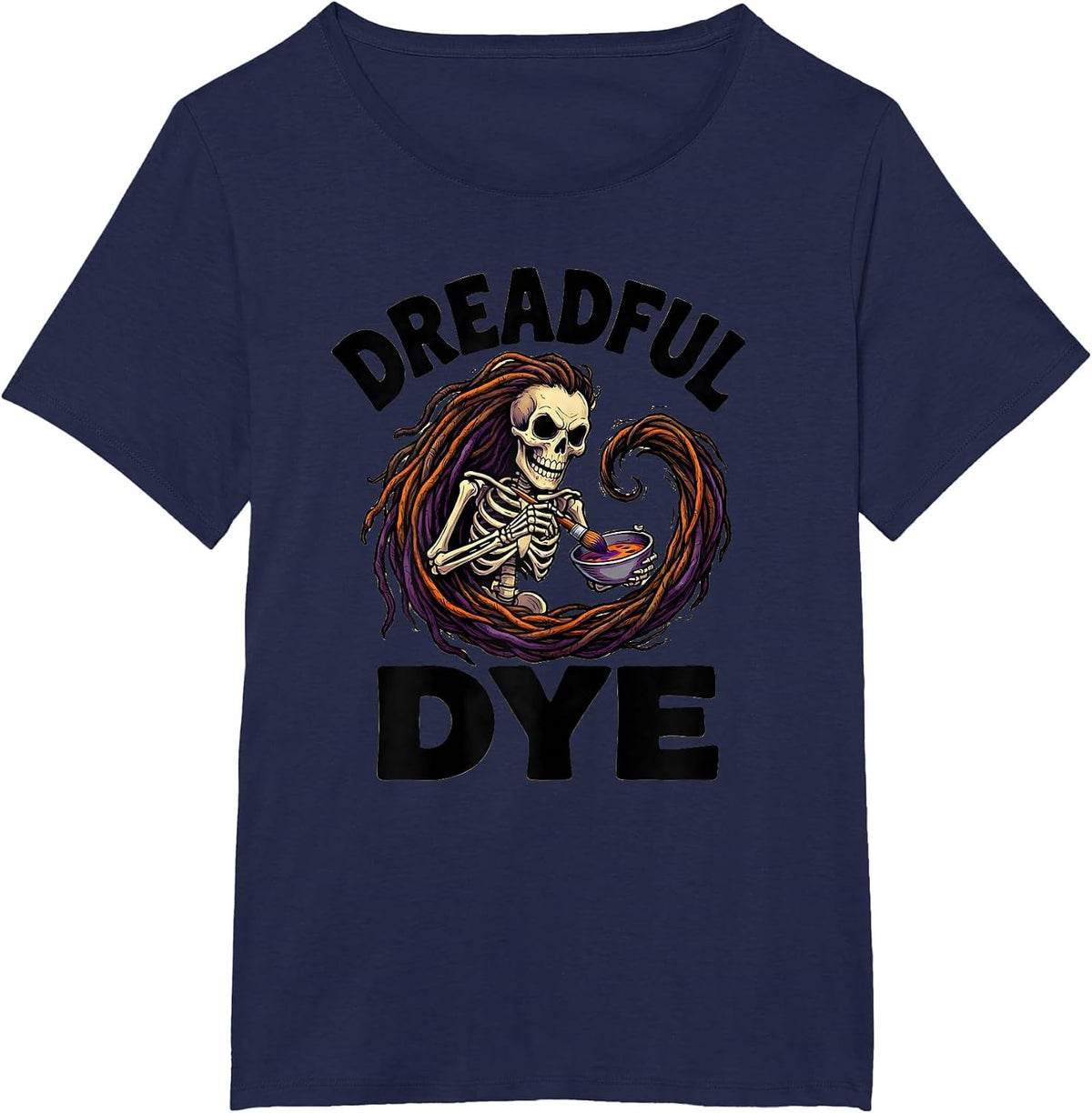 Women's Dreadful Dye Cartoon Skeleton Hair Stylist Halloween Barber T-Shirt - Navy Blue