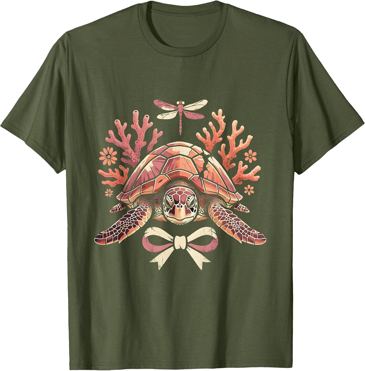 Sea Turtle Pink Coral Breast Cancer Awareness T-Shirt - Olive Green