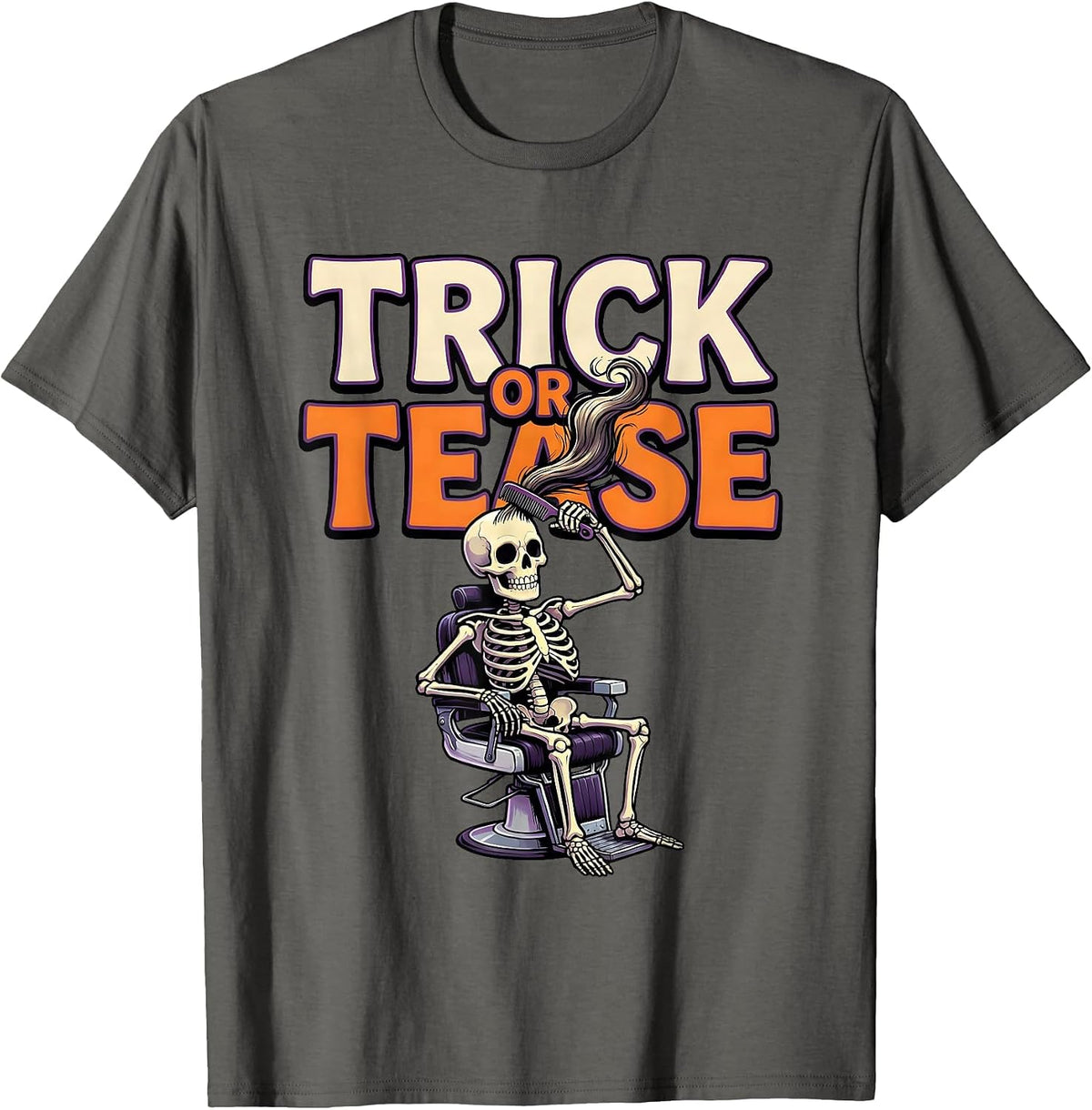 Trick Or Tease Cartoon Skeleton Hairstylist Halloween Humor T-Shirt - Asphalt Grey