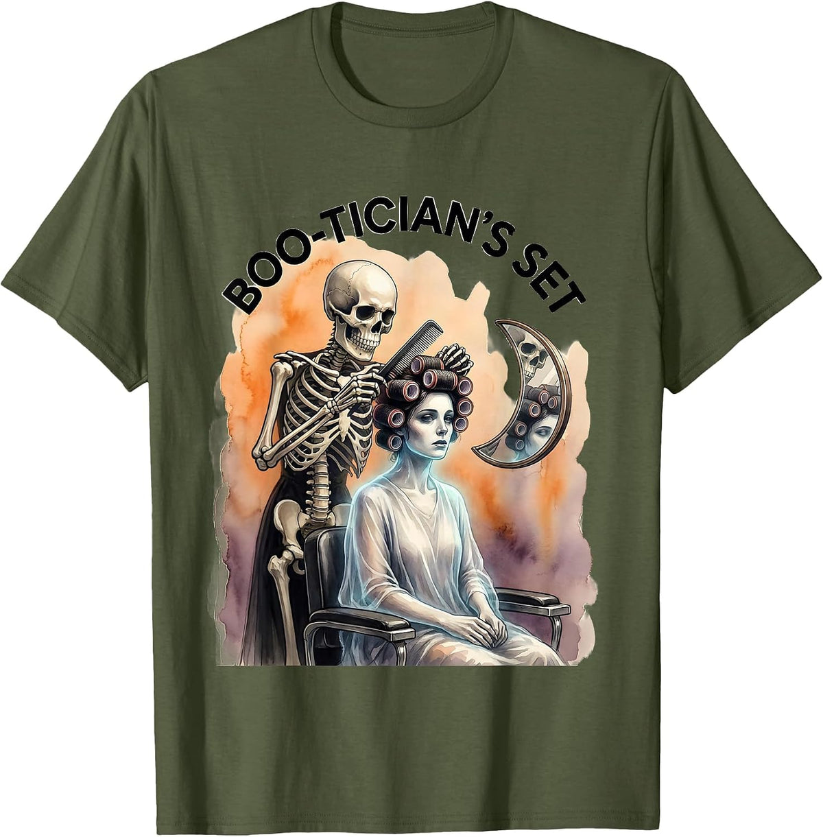 Men's Boo-Tician's Set Watercolor Skeleton Hairstylist Halloween T-Shirt - Olive Green