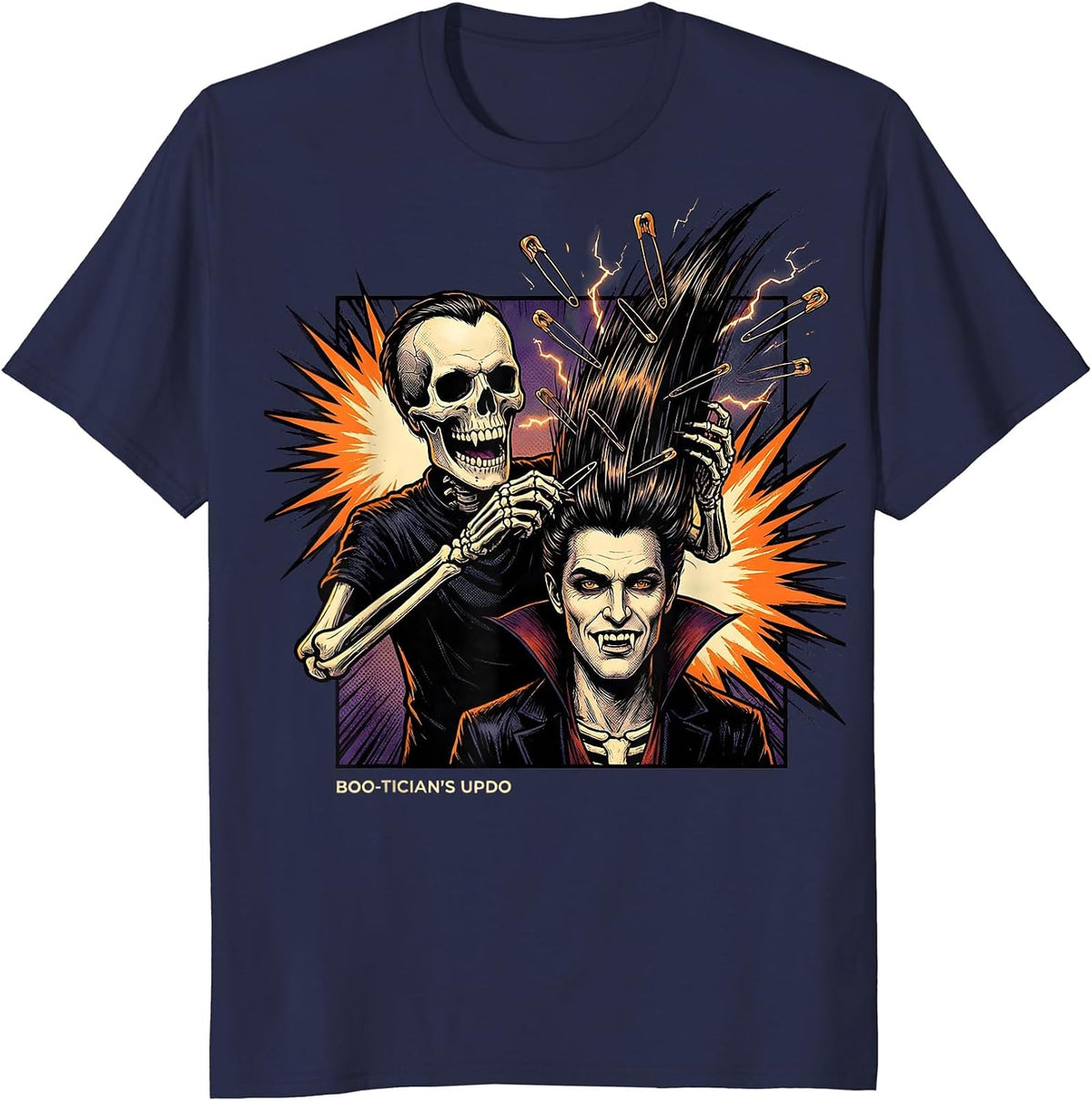 Men's Boo-Tician's Updo Comic Book Skeleton Hairstylist Halloween T-Shirt - Navy Blue