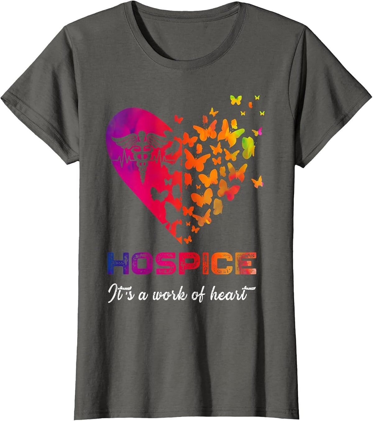 Heart Butterflies Hospice Nurse Appreciation Nursing Scrubs T-Shirt - Asphalt Grey