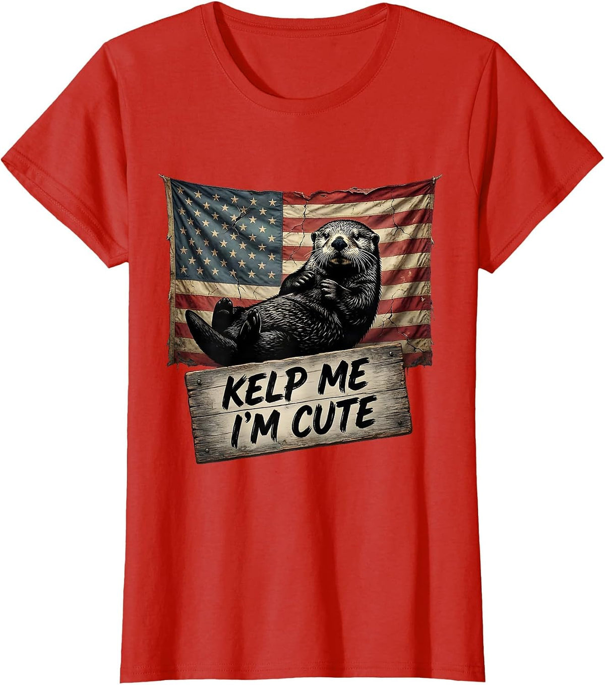 Women's Kelp Me I'm Cute Sea Otter Design T-Shirt - Red