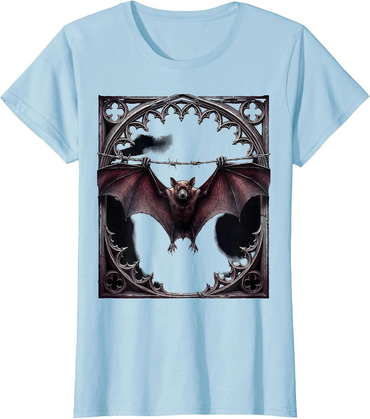 Women's Punk Bat on Barbed Wire Gothic Illustration T-Shirt - Baby Blue