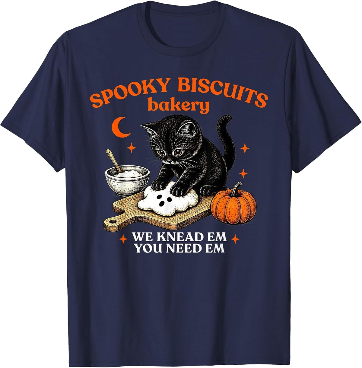 Kitty Biscuits Spooky Season Spooky Biscuits Bakery Cat T-Shirt - Navy Blue
