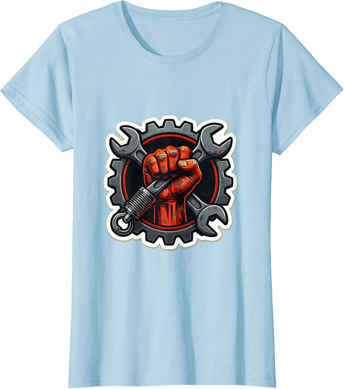 Women's Mechanic Wrench and Spark Plug Graphic Tee T-Shirt - Baby Blue