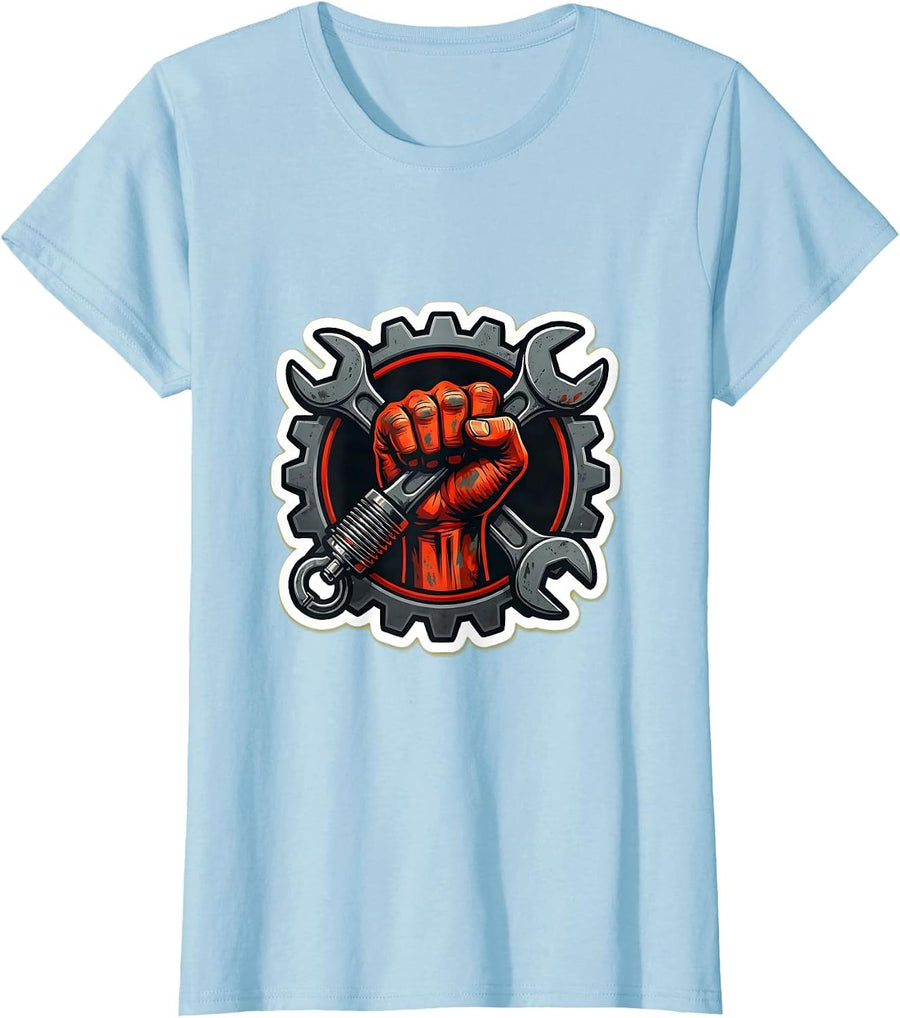 Women's Mechanic Wrench and Spark Plug Graphic Tee T-Shirt - Baby Blue