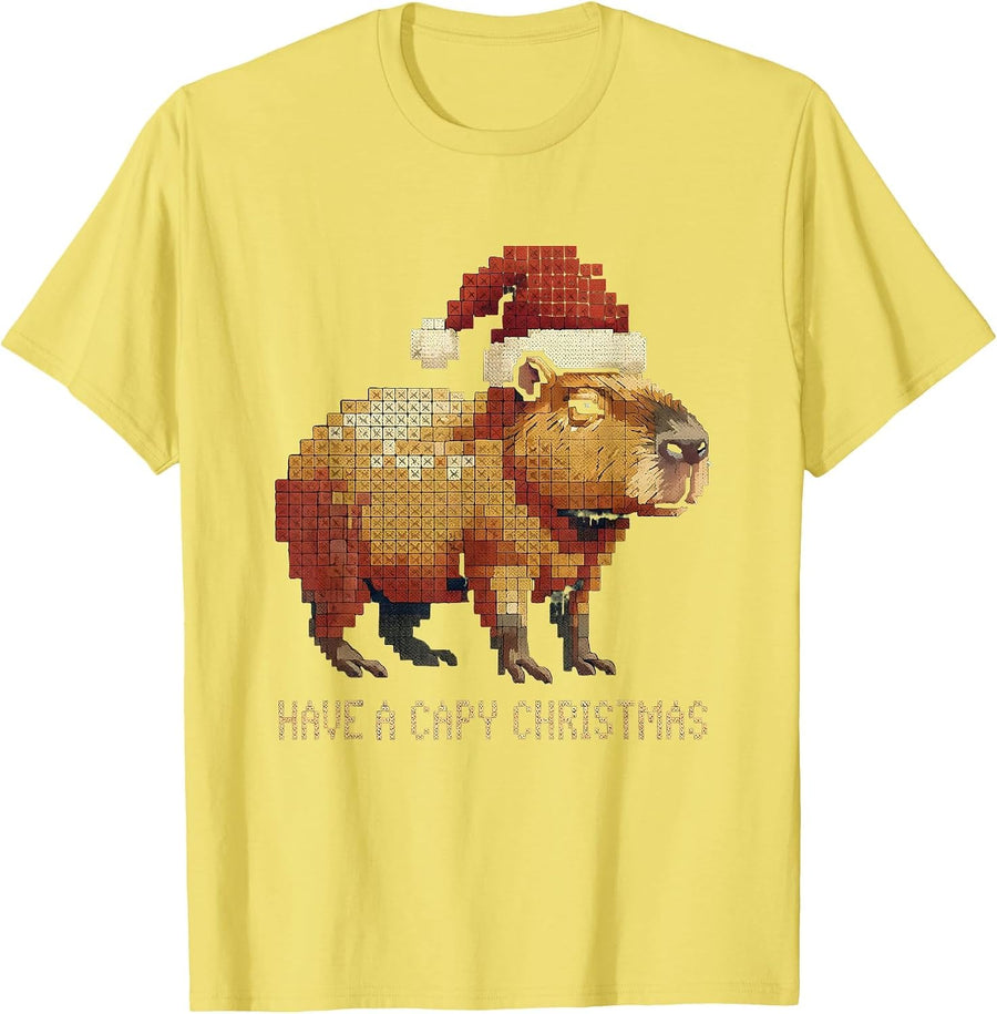 Men's Have a Capy Christmas Cross-Stitch Sampler Cute Capybara T-Shirt - Lemon Yellow