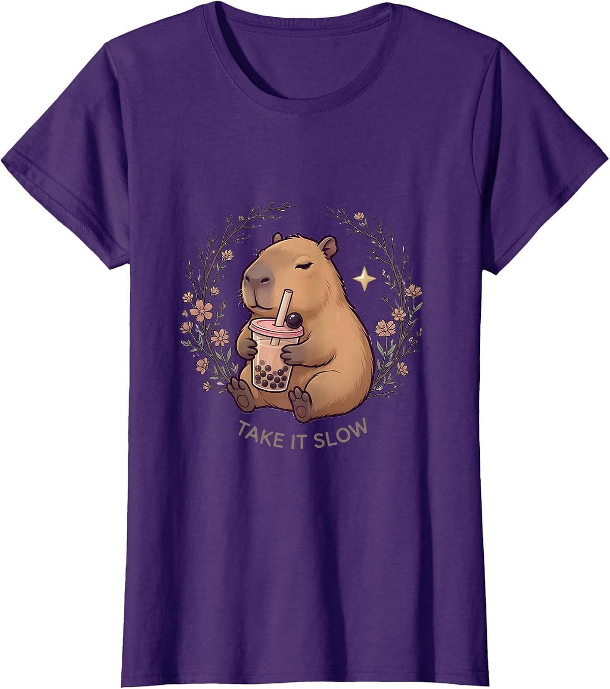 Women's Take It Slow Cute Capybara Kawaii Bubble Tea Boba Lover T-Shirt - Purple