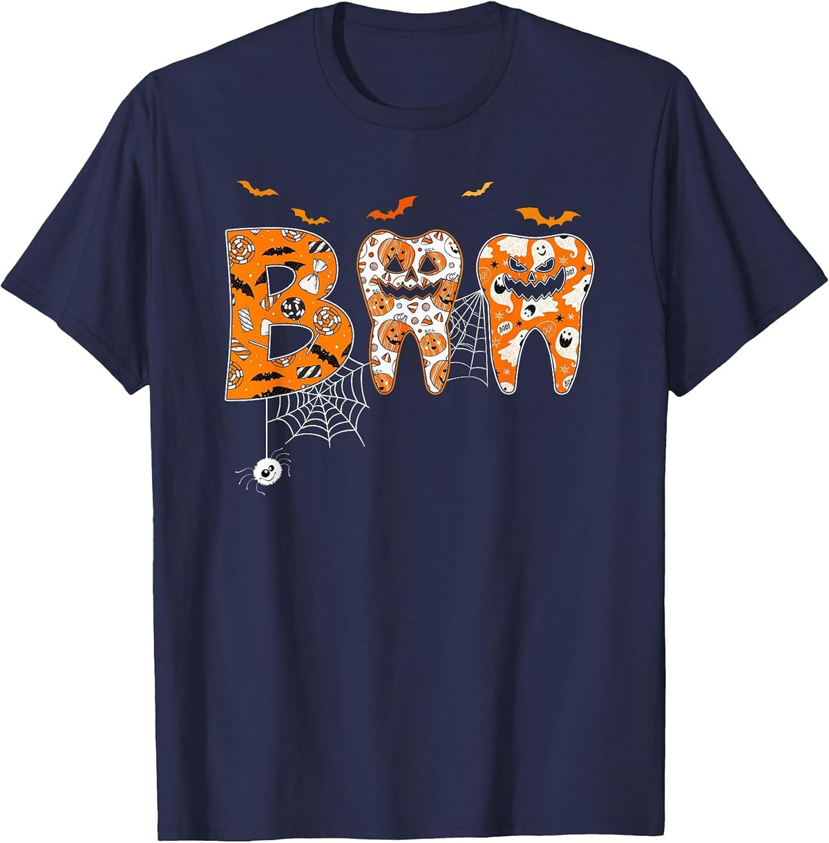 Boo Teeth Pumpkin Dentist Dental Hygienist Halloween Costume T-Shirt - Navy Blue