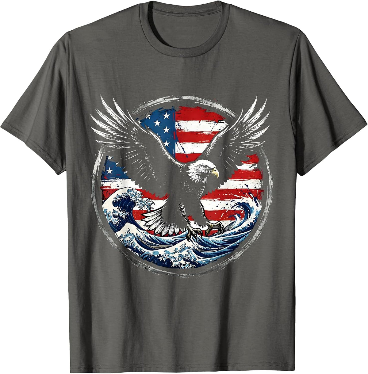 Bold Eagle Soaring Over Red White and Blue Waves T-Shirt - Asphalt Grey