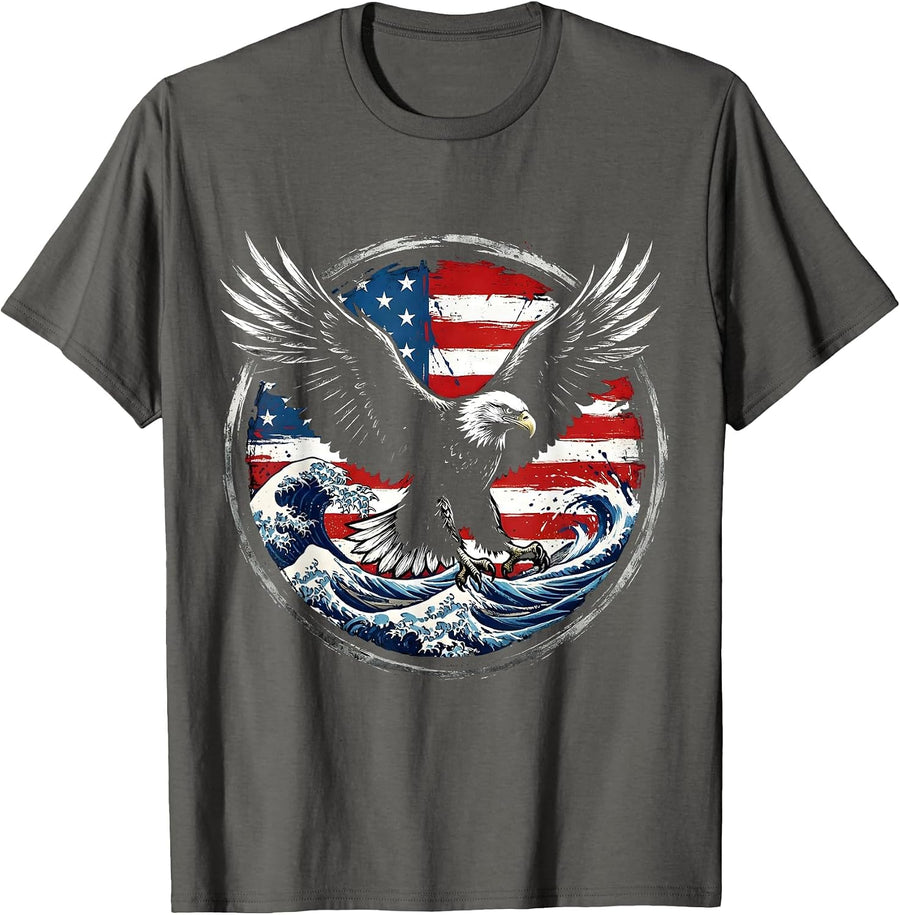 Bold Eagle Soaring Over Red White and Blue Waves T-Shirt - Asphalt Grey