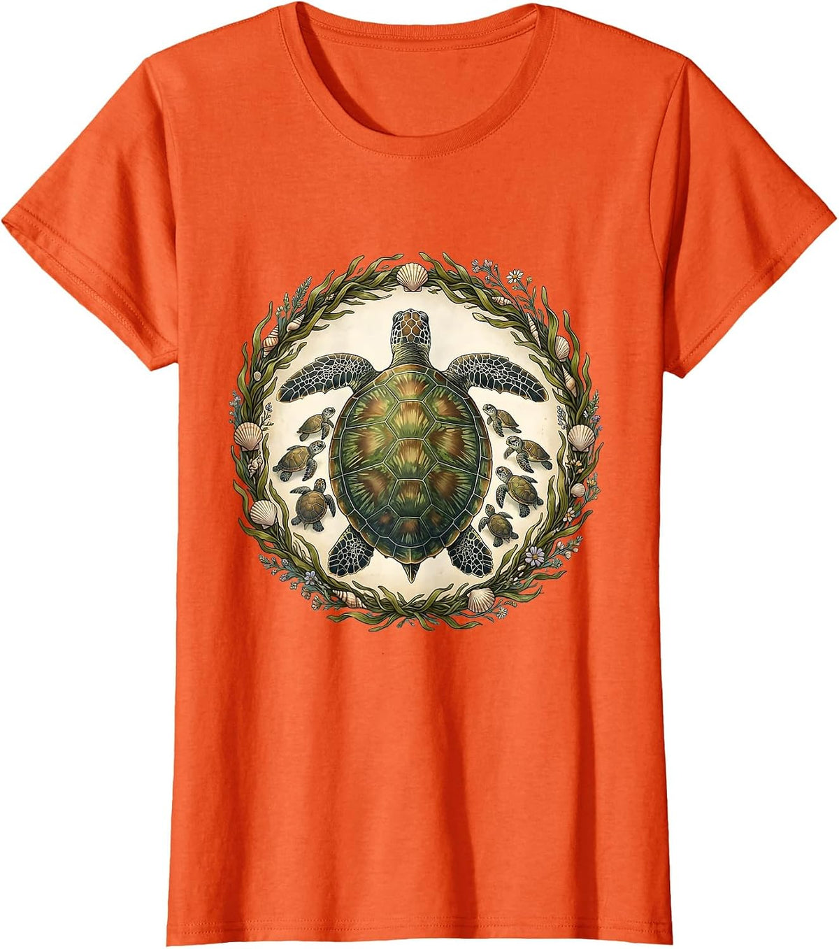 Mother Turtle and Hatchlings Beach Illustration T-Shirt - Orange