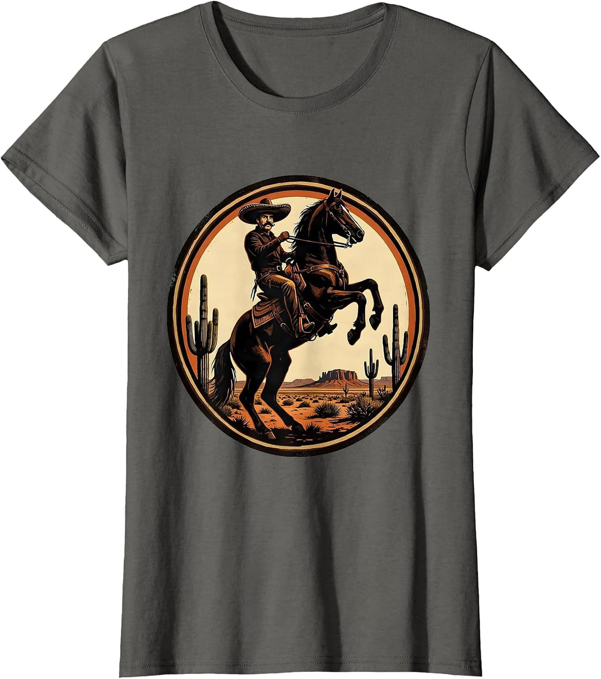 Women's Mustachioed Rider Desert Horseback Mexican Art T-Shirt - Asphalt Grey