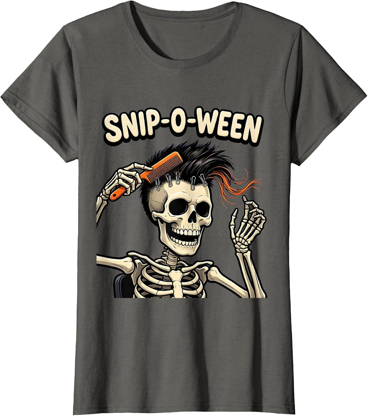 Women's Snip-o-Ween Cartoon Skeleton Hairstylist Halloween Barber T-Shirt - Asphalt Grey