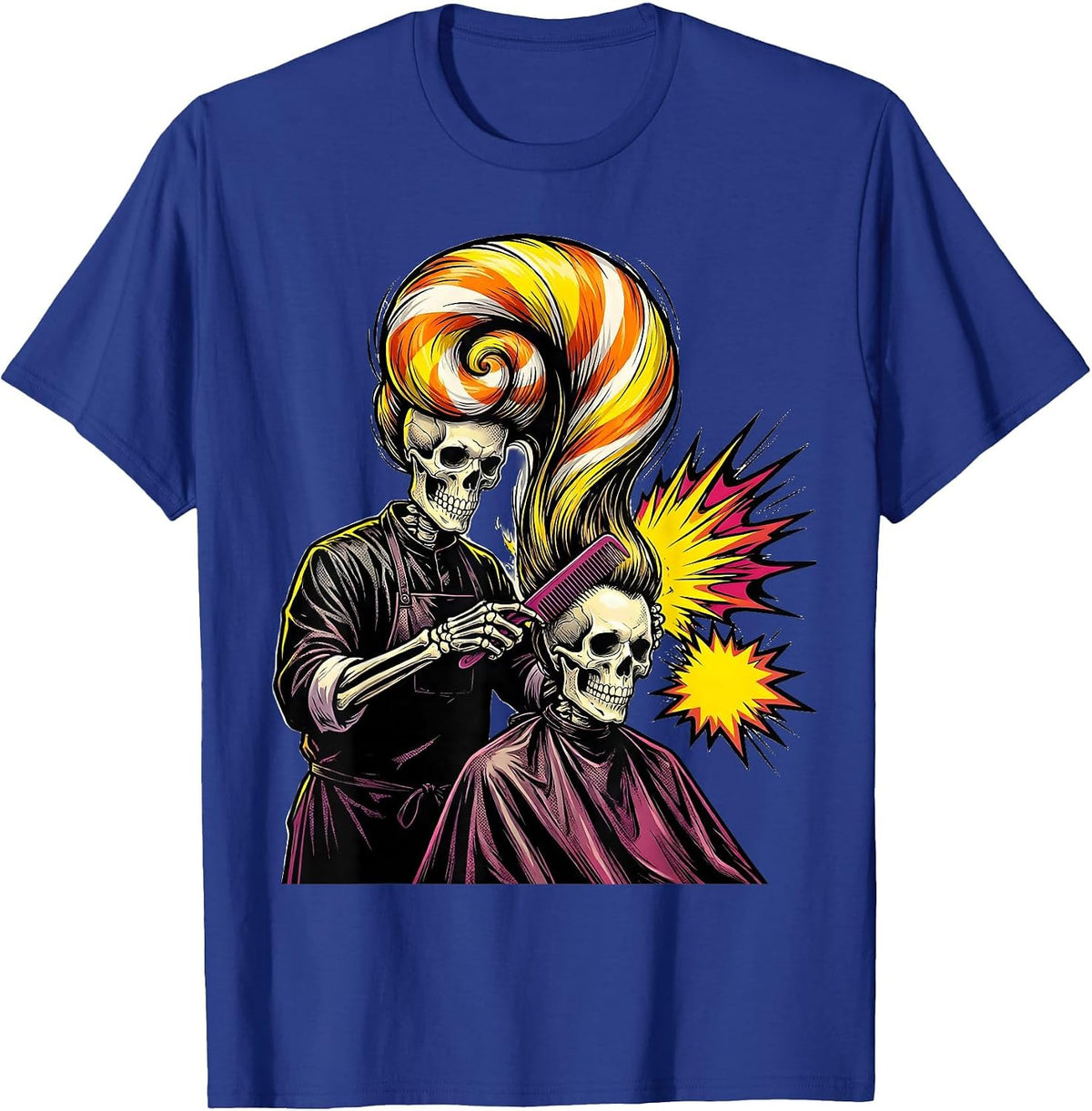 Men's Skeleton Stylist Combing Ghost Pop Art Halloween Hairdresser T-Shirt - Royal Blue
