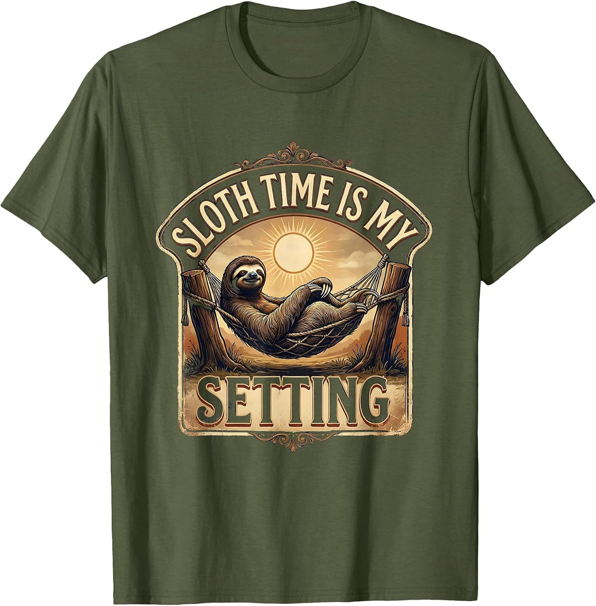 Sloth Time Is My Setting Vintage Funny Sloth Lover Gift T-Shirt - Olive Green