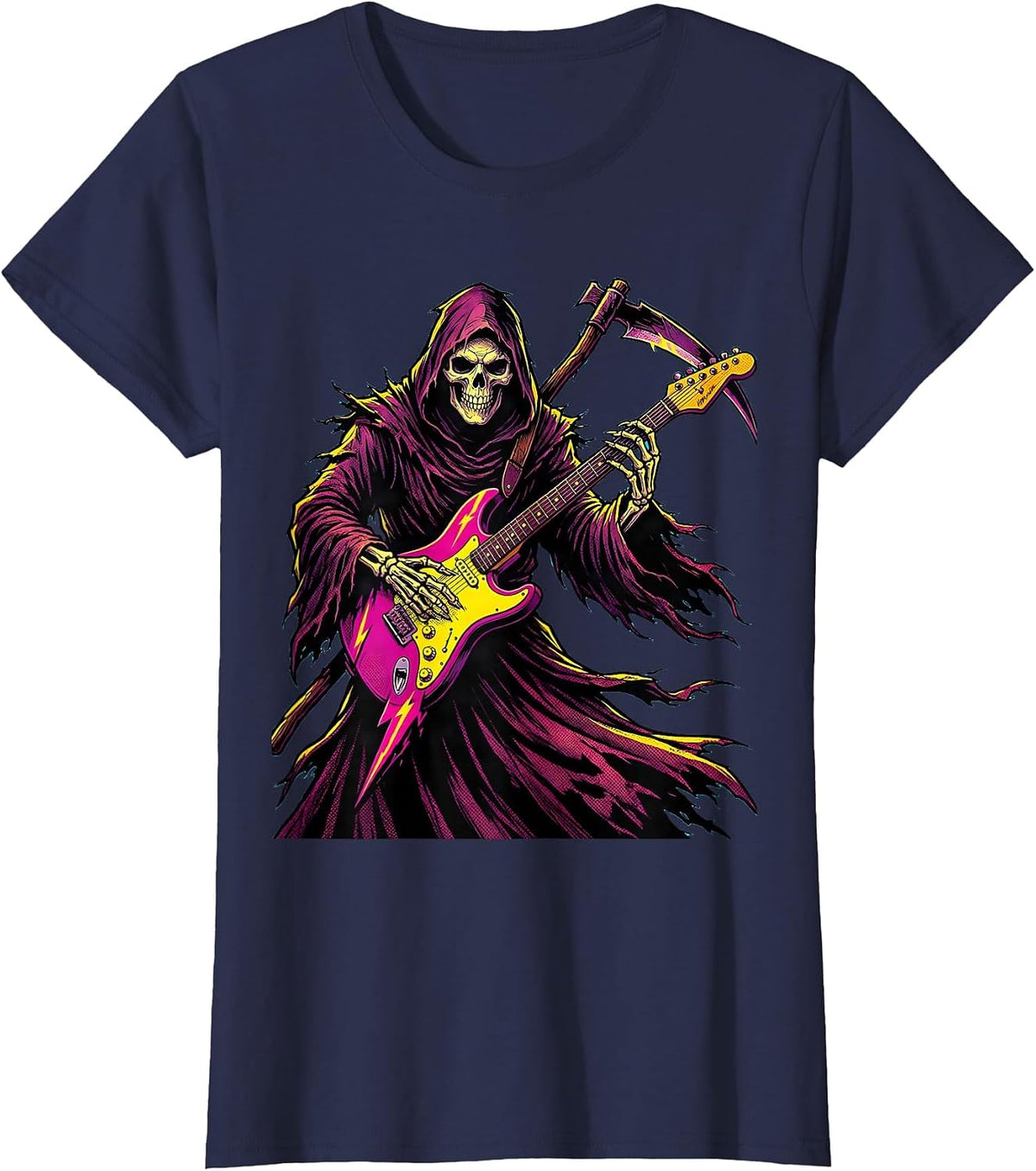 Women's Grim Reaper Electric Guitar Halloween Design T-Shirt - Navy Blue