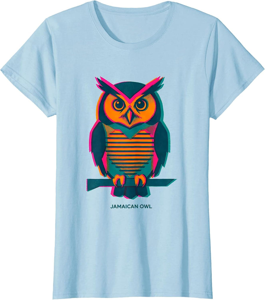 Women's Jamaican Owl Risograph Bird Lover Nature Illustration T-Shirt - Baby Blue