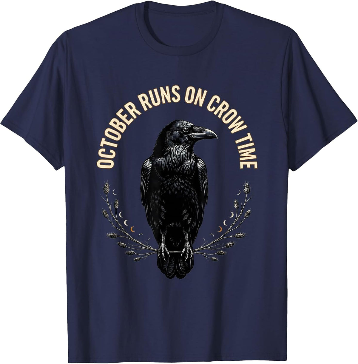 Men's October Runs On Crow Time Gothic Nature Bird Lover Art T-Shirt - Navy Blue