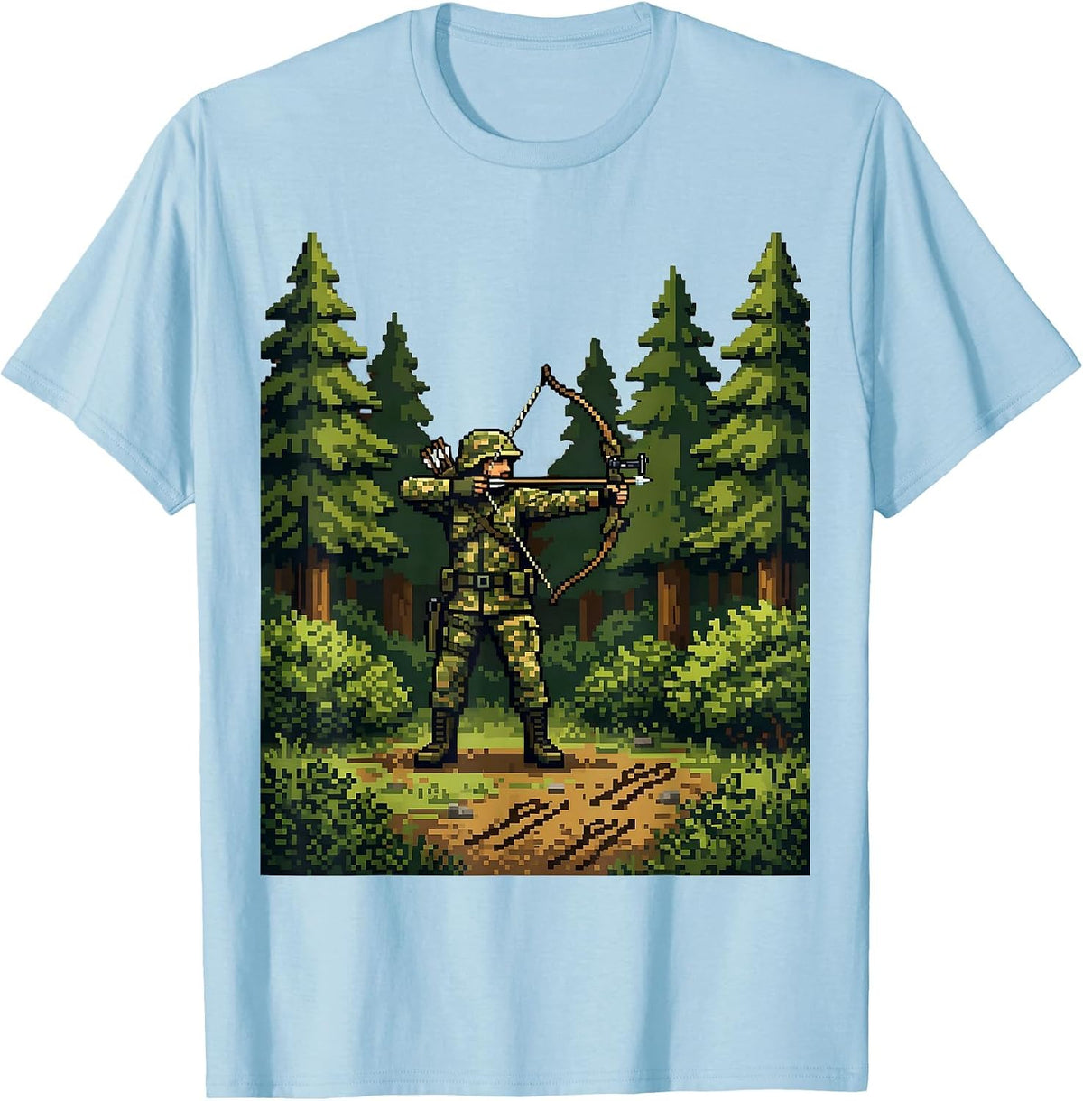 Men's Camo Bowhunter in Forest Clearing Illustration T-Shirt - Baby Blue