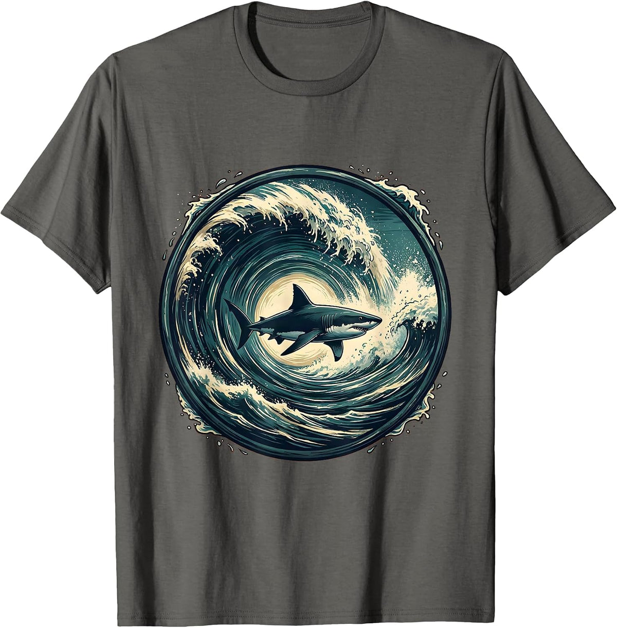 Men's Shark Silhouette Crashing Wave Barrel Graphic T-Shirt - Asphalt Grey