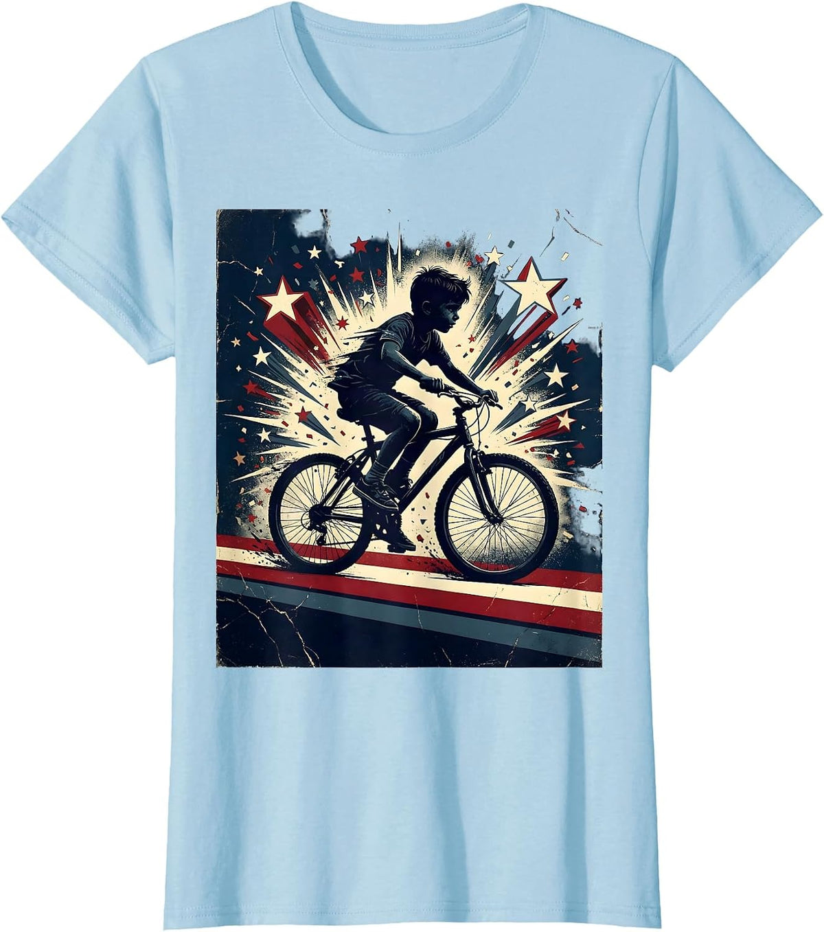 Red White and Blue Bicycle Confetti Celebration T-Shirt - Baby Blue