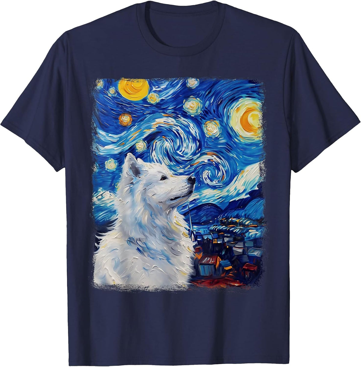 Samoyed Dog Starry Night Painting T-Shirt - Navy Blue