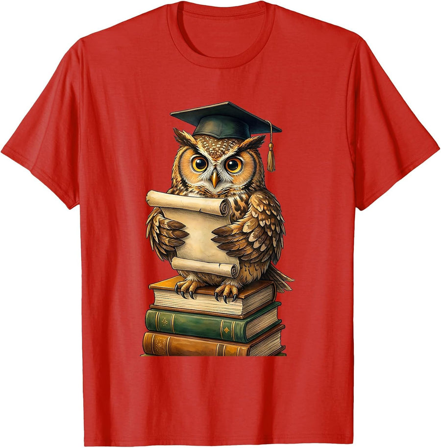 Men's Owl Graduation Cap Reading Scroll Teacher Gift T-Shirt - Red