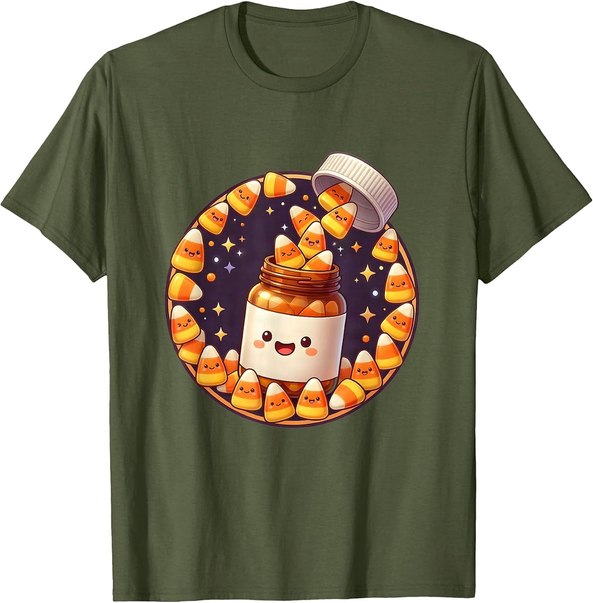 Halloween Candy Corn Prescription Bottle Design T-Shirt - Olive Green
