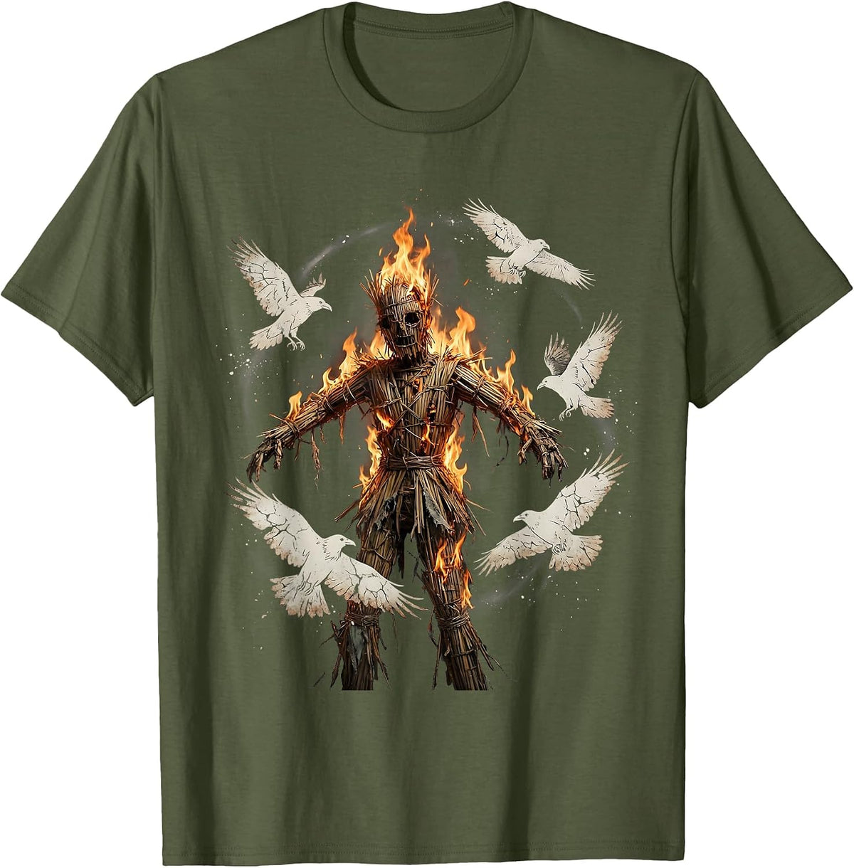 Burning Effigy and Ravens Dark Horror Graphic T-Shirt - Olive Green
