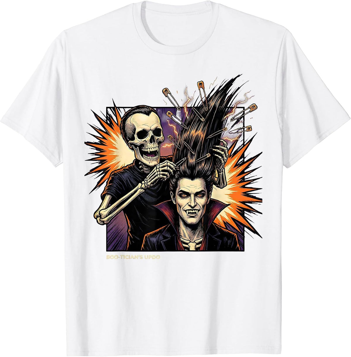 Men's Boo-Tician's Updo Comic Book Skeleton Hairstylist Halloween T-Shirt - White