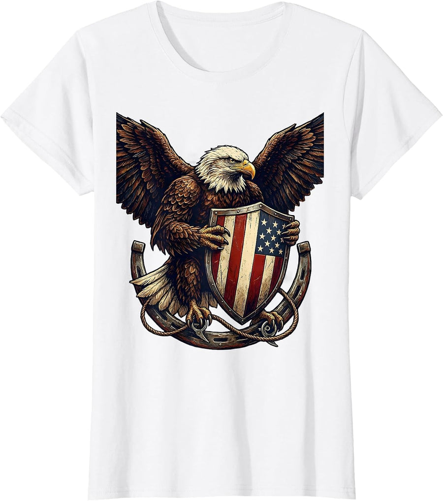 Women's Bold Eagle Clutching Striped Shield Patriotic Design T-Shirt - White