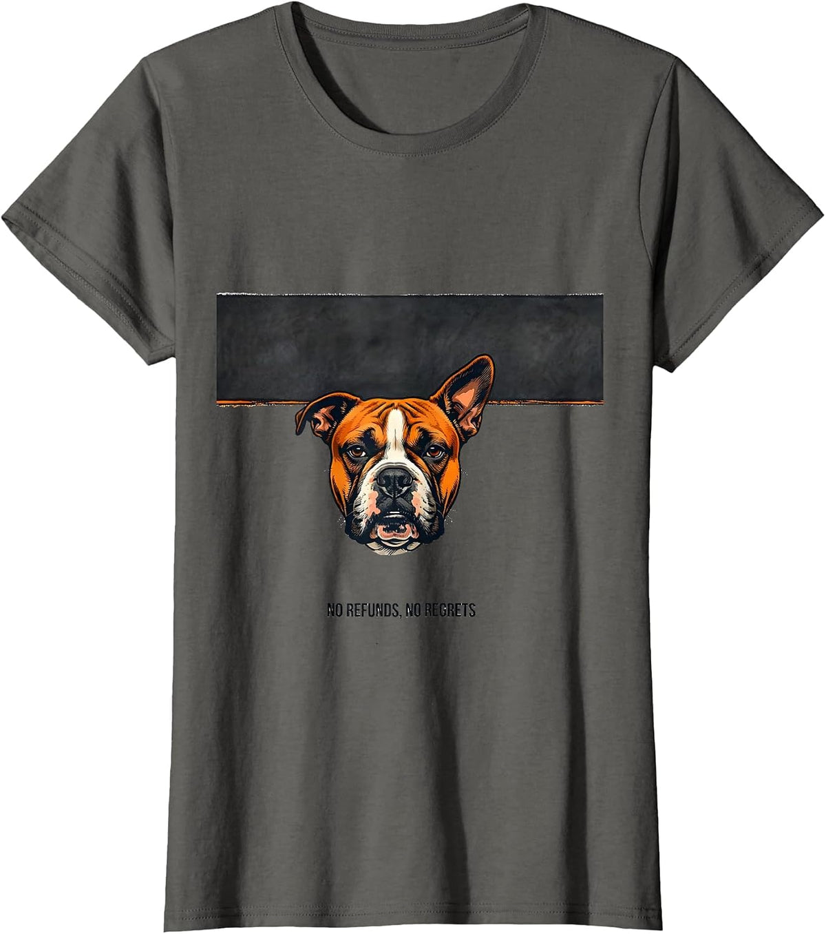 Women's No Refunds, No Regrets Playful Bull Terrier Dog Pocket T-Shirt - Asphalt Grey