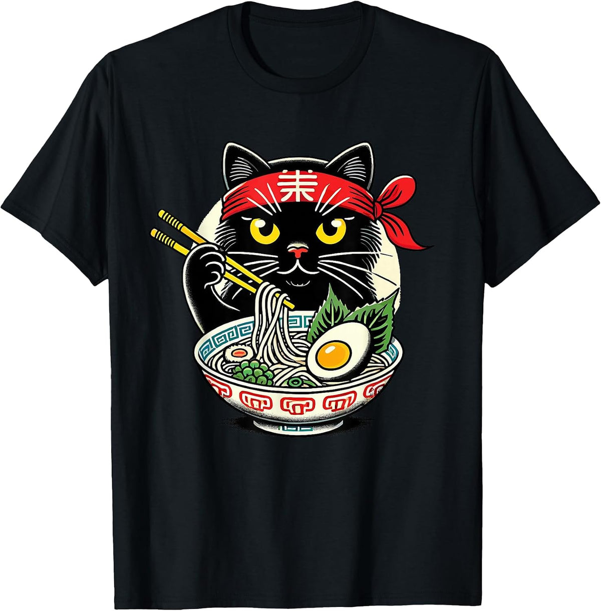 Cat Eating Ramen Noodles, Japanese Anime & Kawaii, Black Cat T-Shirt - Black