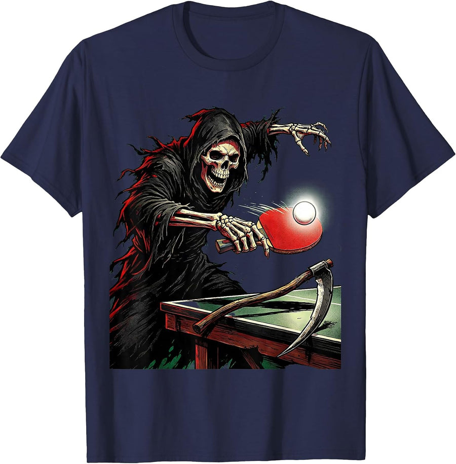 Grim Reaper Ping Pong Funny Adult Humor Graphic T-Shirt - Navy Blue
