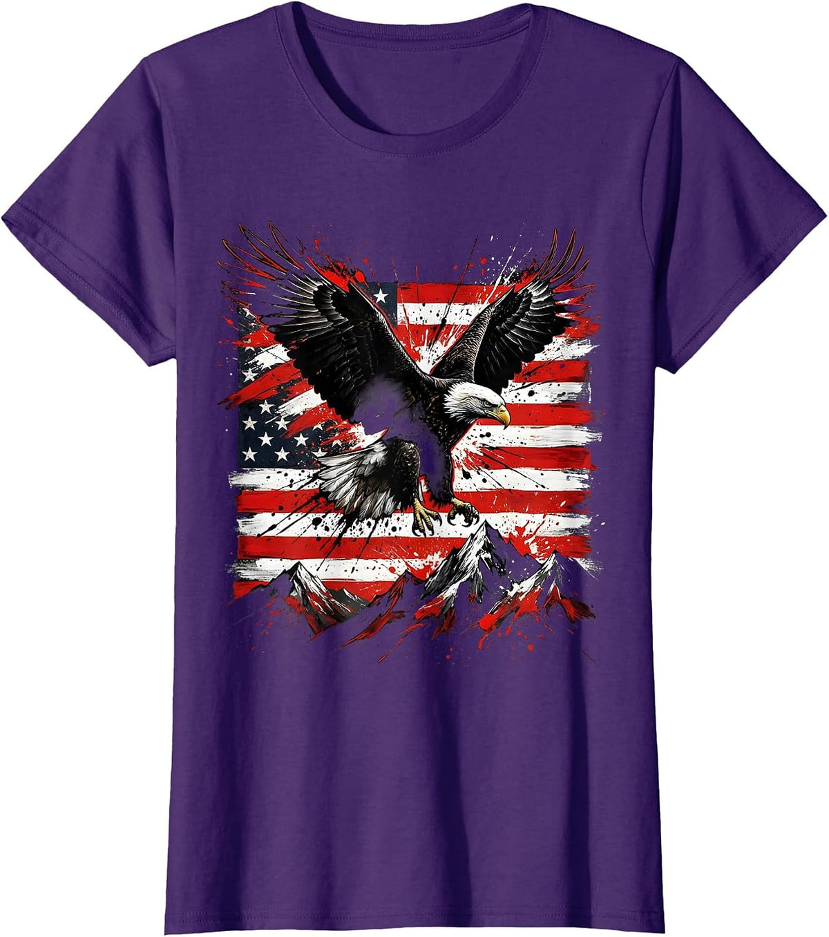 Women's Bald Eagle Over Mountain Peaks USA Freedom T-Shirt - Purple