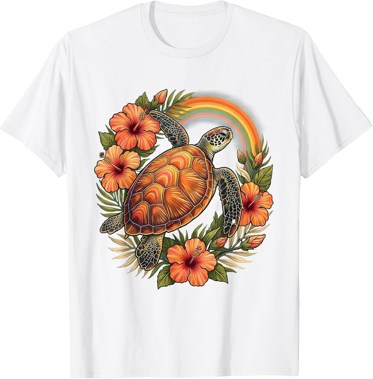 Sea Turtle Hibiscus Hawaiian Floral Design T-Shirt - White