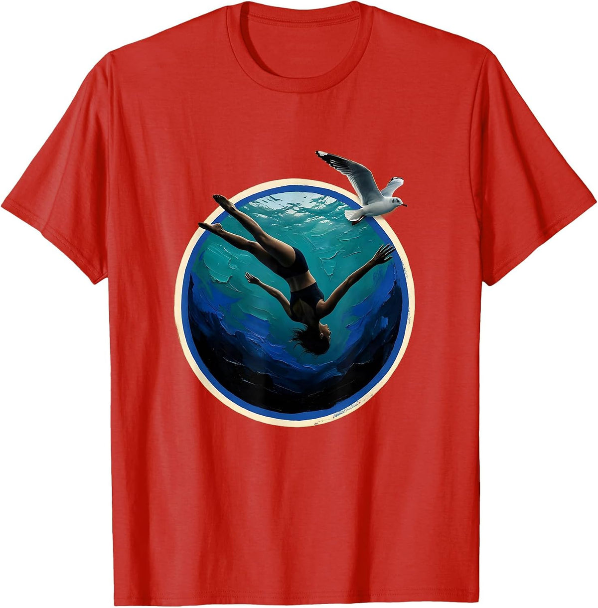 Men's Woman Diving Into Ocean Depths Freedom Graphic T-Shirt - Red