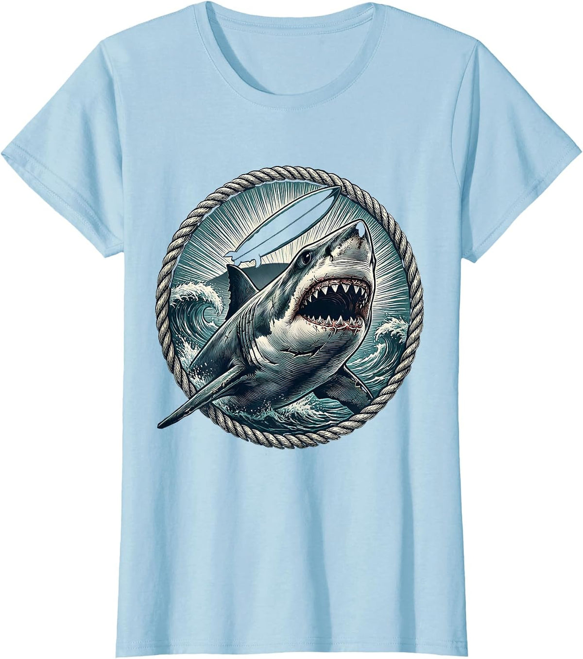 Great White Shark Surfboard Hawaiian Design T-Shirt - Baby Blue