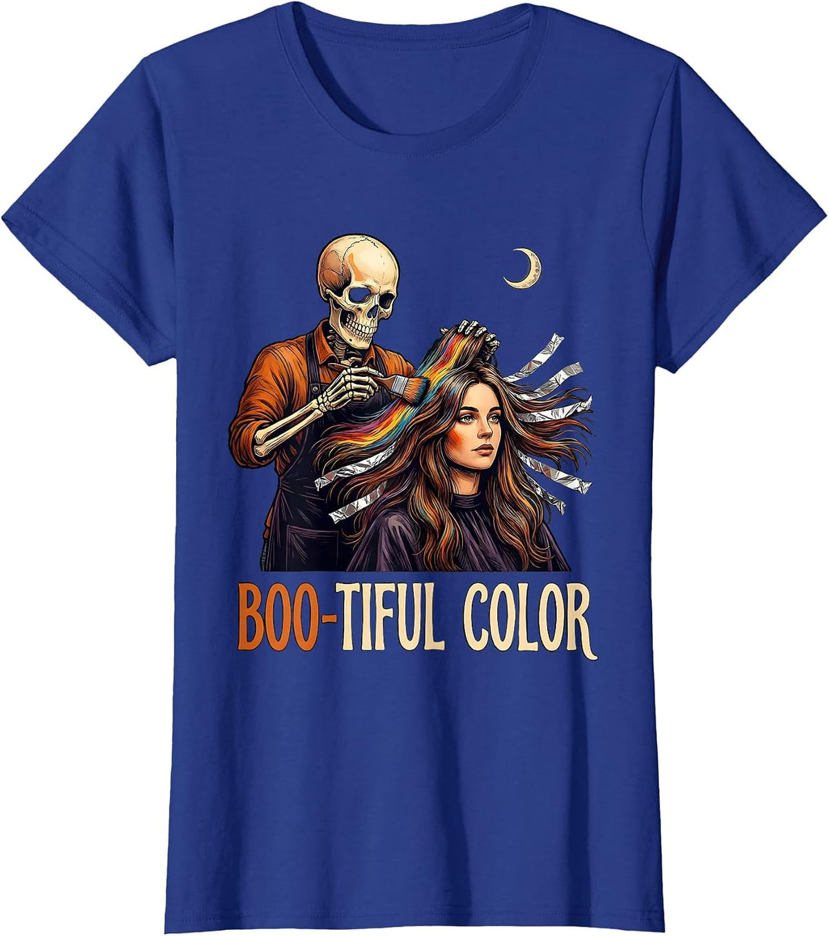 Women's Boo-tiful Color Funny Skeleton Hairstylist Halloween Barber T-Shirt - Royal Blue
