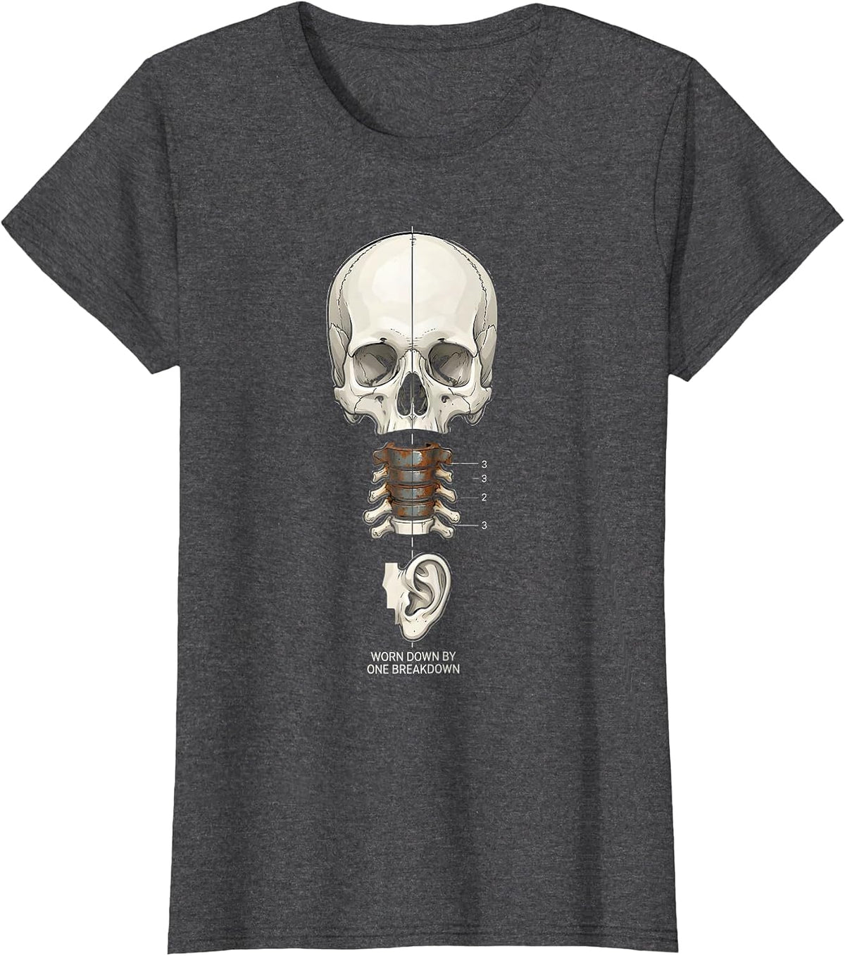 Women's Worn Down By One Breakdown Funny Heavy Metal Metalhead Humor T-Shirt - Dark Heather Grey