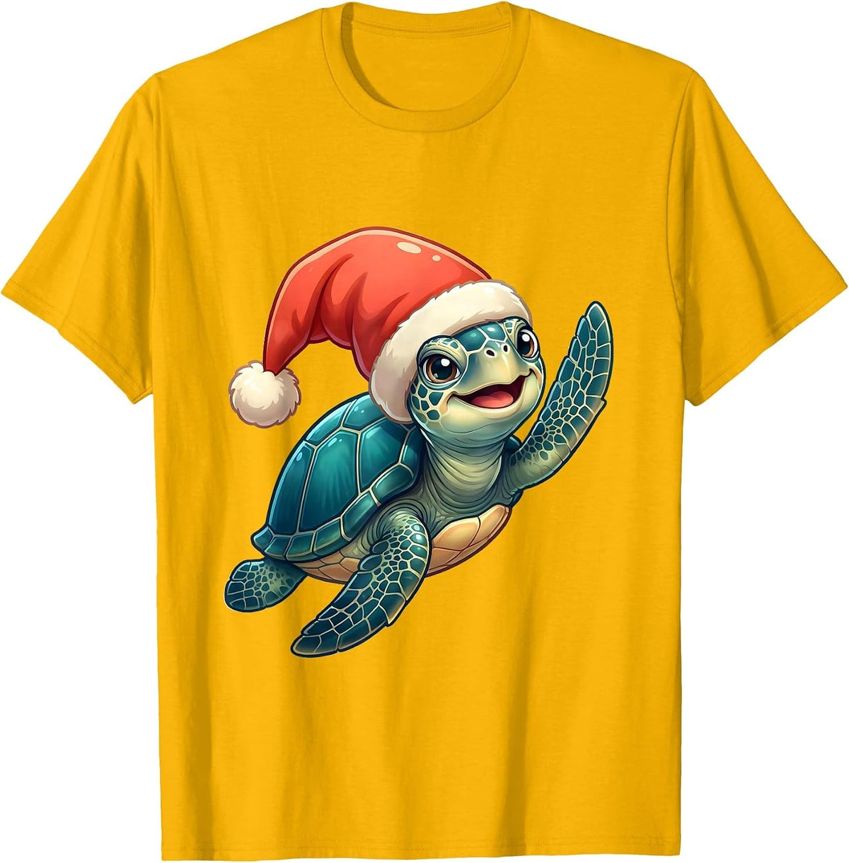 Men's Smiling Sea Turtle Santa Hat Cute Holiday Novelty T-Shirt - Golden Yellow